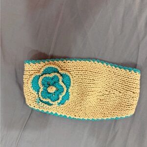 Beige and Teal Knit Headband with Flower